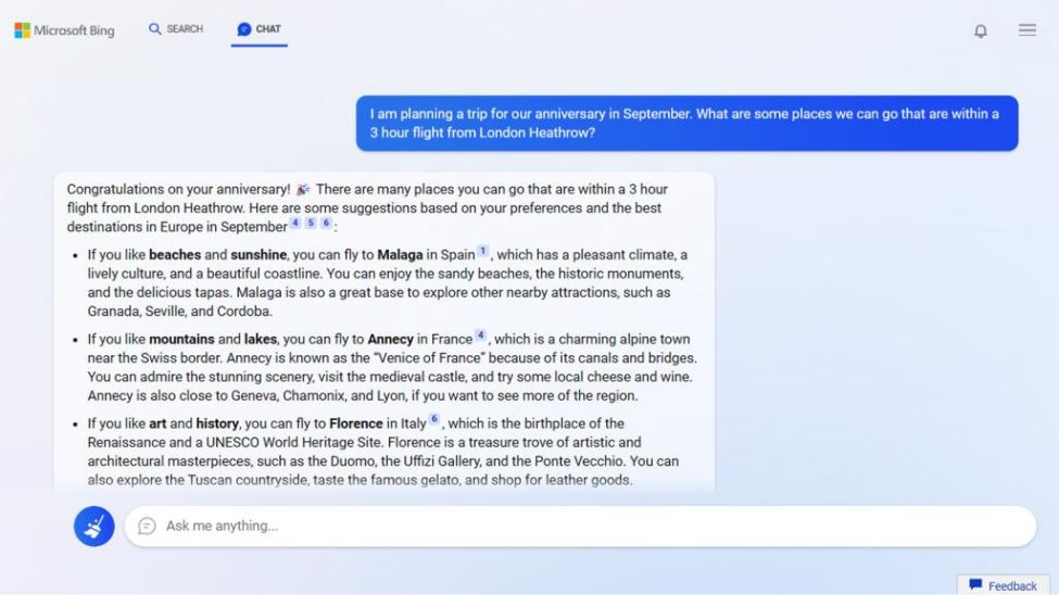 Screenshot of Bing chat conversation about planning an anniversary trip